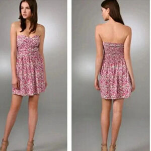 Parker 100% Silk Pink Green Floral Strapless Sweetheart Neckline Dress Size S
